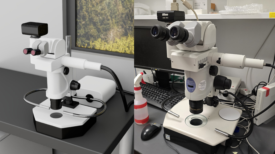 3D model of the dissecting microscope alongside it's reference image
