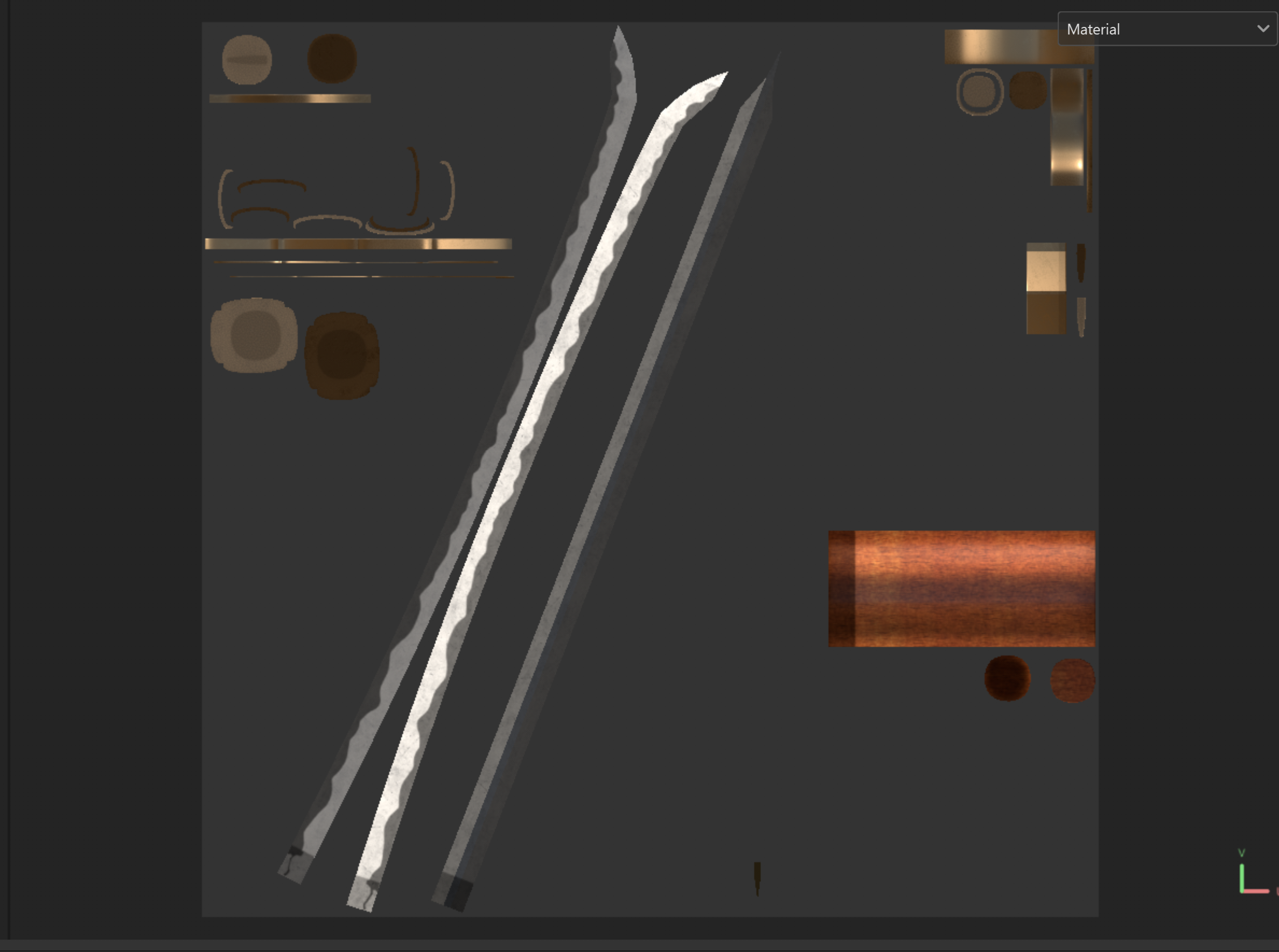 Model of the katana fully textured to appear metal, brass, and wood.