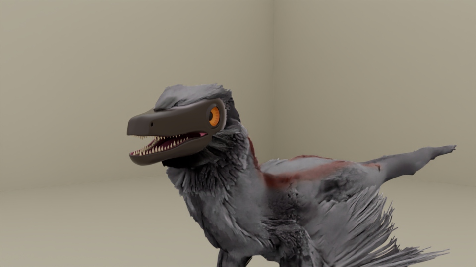 Velociraptor model with its maw open and facing camera.