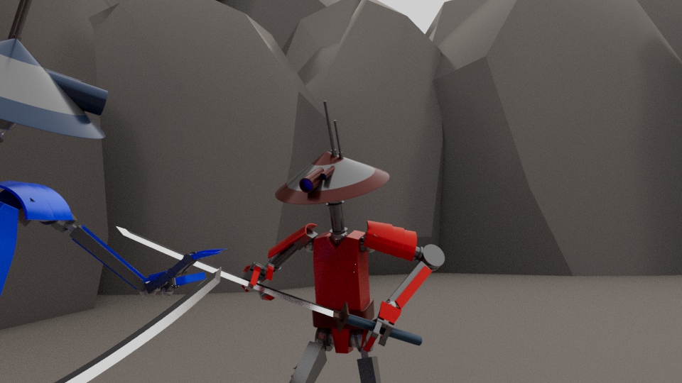Two robots duel in frame from the animation praying ronin and shogun samurai
