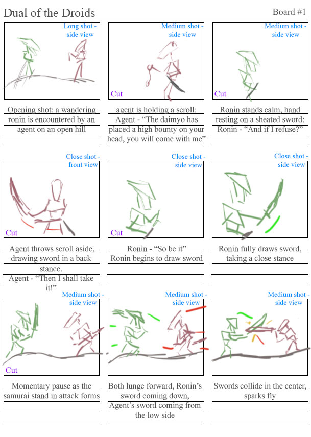 First set of storyboards showing the initial interaction then sword clash between characters.