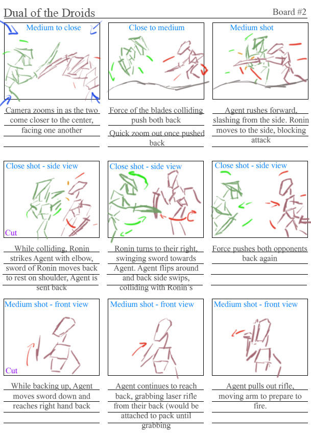 Second set of storyboards showing the fight continue and samurai pulling out a gun.