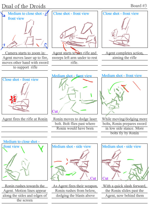 Third set of storyboards showing the ronin dodge the shots befor slicing the samurai.